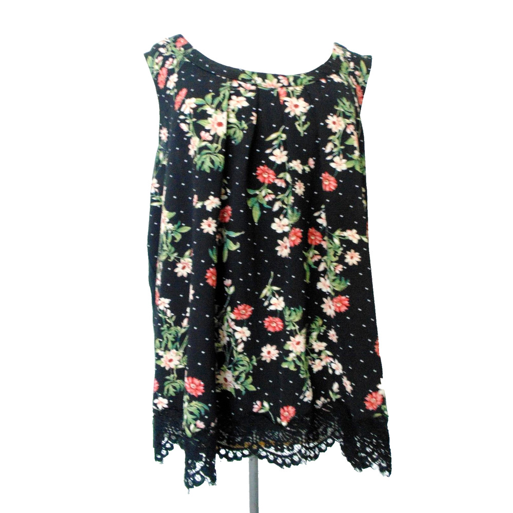 Janet Chung 3X Floaty Black Pink Floral Sleeveless Tunic Top Lace Scoop Neck